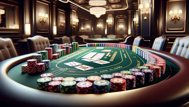 Bàn chơi Poker với bộ bài và các chip đánh cược